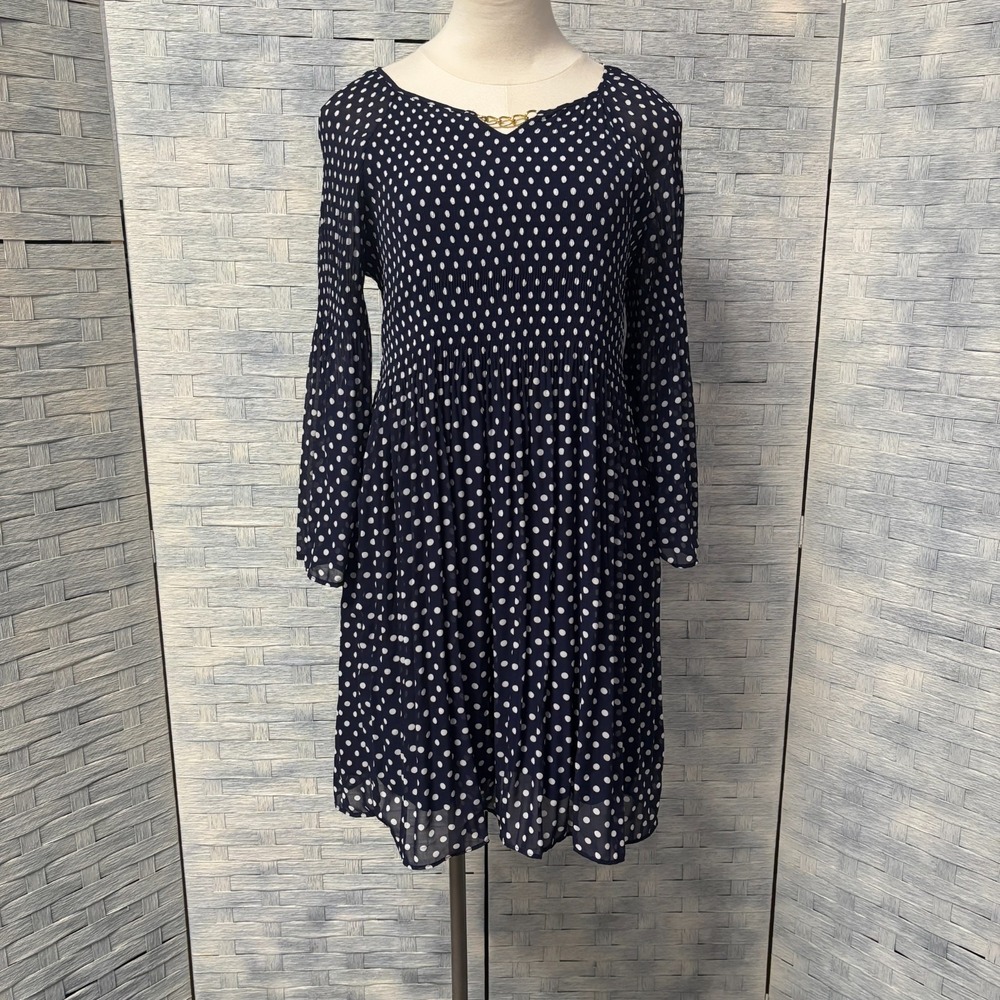 Robert Louis Navy Polka Dot PXL Pleated Bell Sleeve V Neck Midi Whimsigoth Retro - Picture 2 of 9